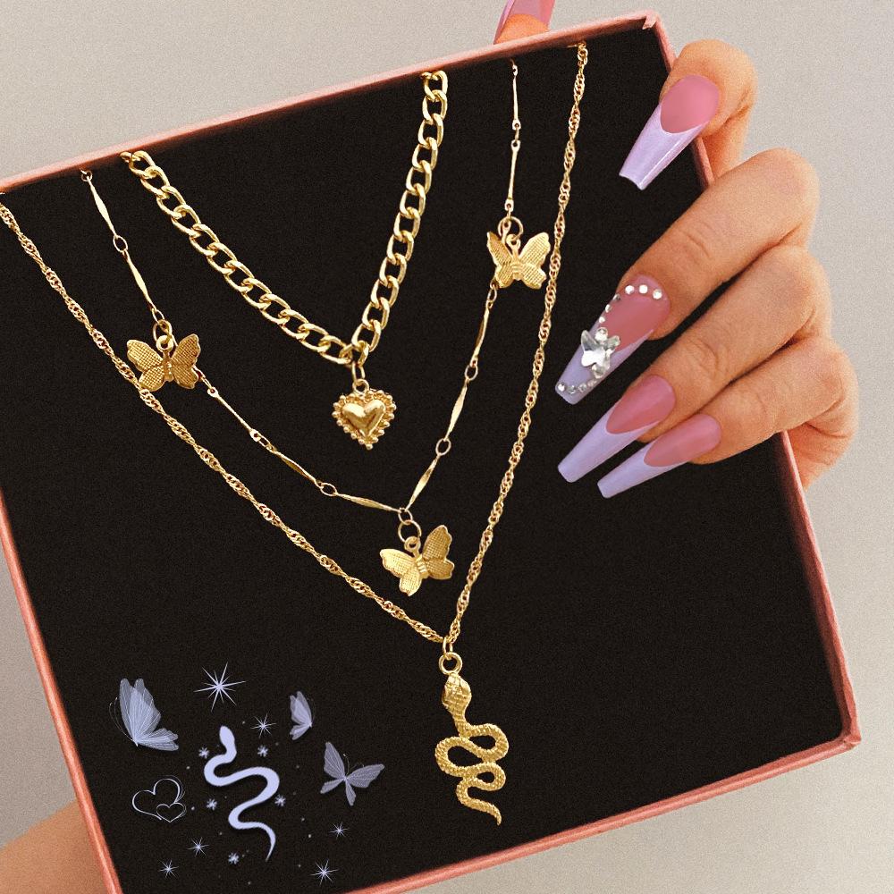 Stacked Wind Butterfly Necklace Female Rose Letter European and American Neck Chain Creative Snake Necklace