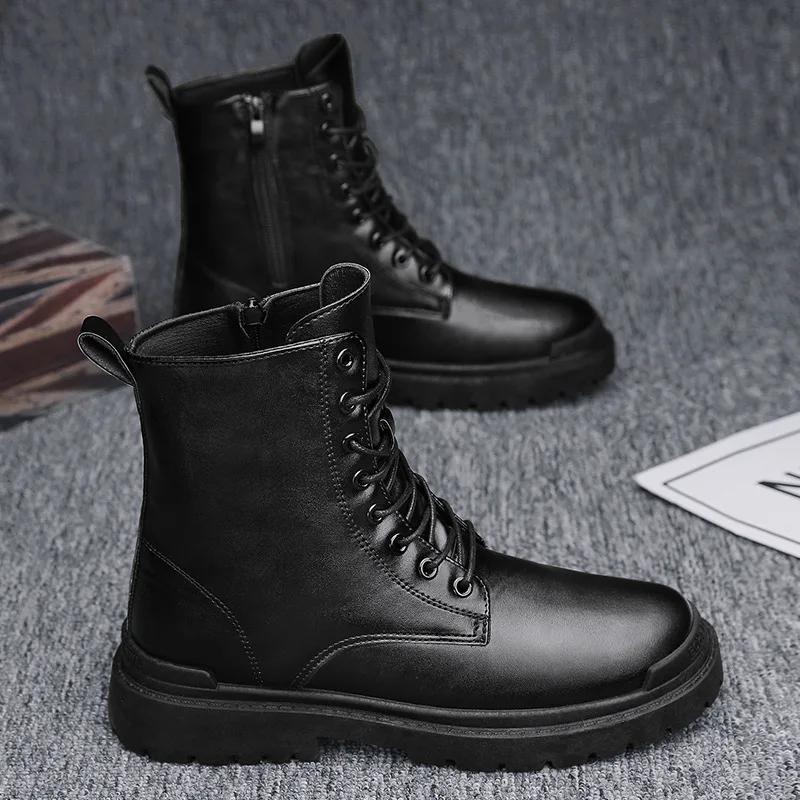 Fashion 2025 Men's British-Style Chelsea Combat Boots Mid-Calf Leather Work Shoes Side Zipper Wide Fit Non-Slip Comfort Footwear for Men