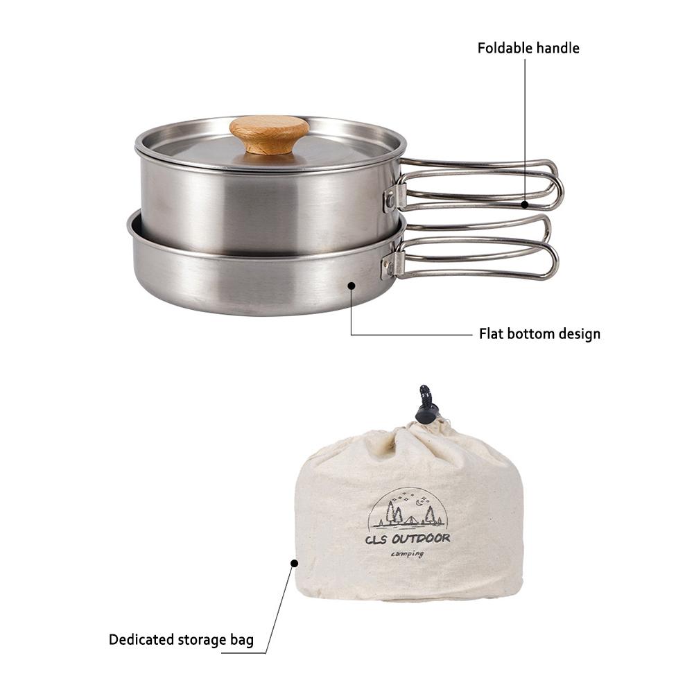 Camping Pan Portable Outdoor Pot Cooking Pan Stainless Steel Foldable Handle with Storage Bag Outdoor Hiking Cookware Kit