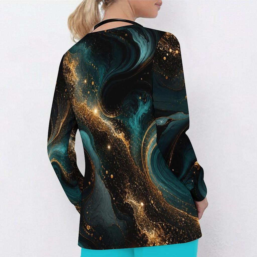 Women Plus Size Teal Black Gold Marble Printed Nurse Scrub Top V Neck Long Sleeve With Front Pockets