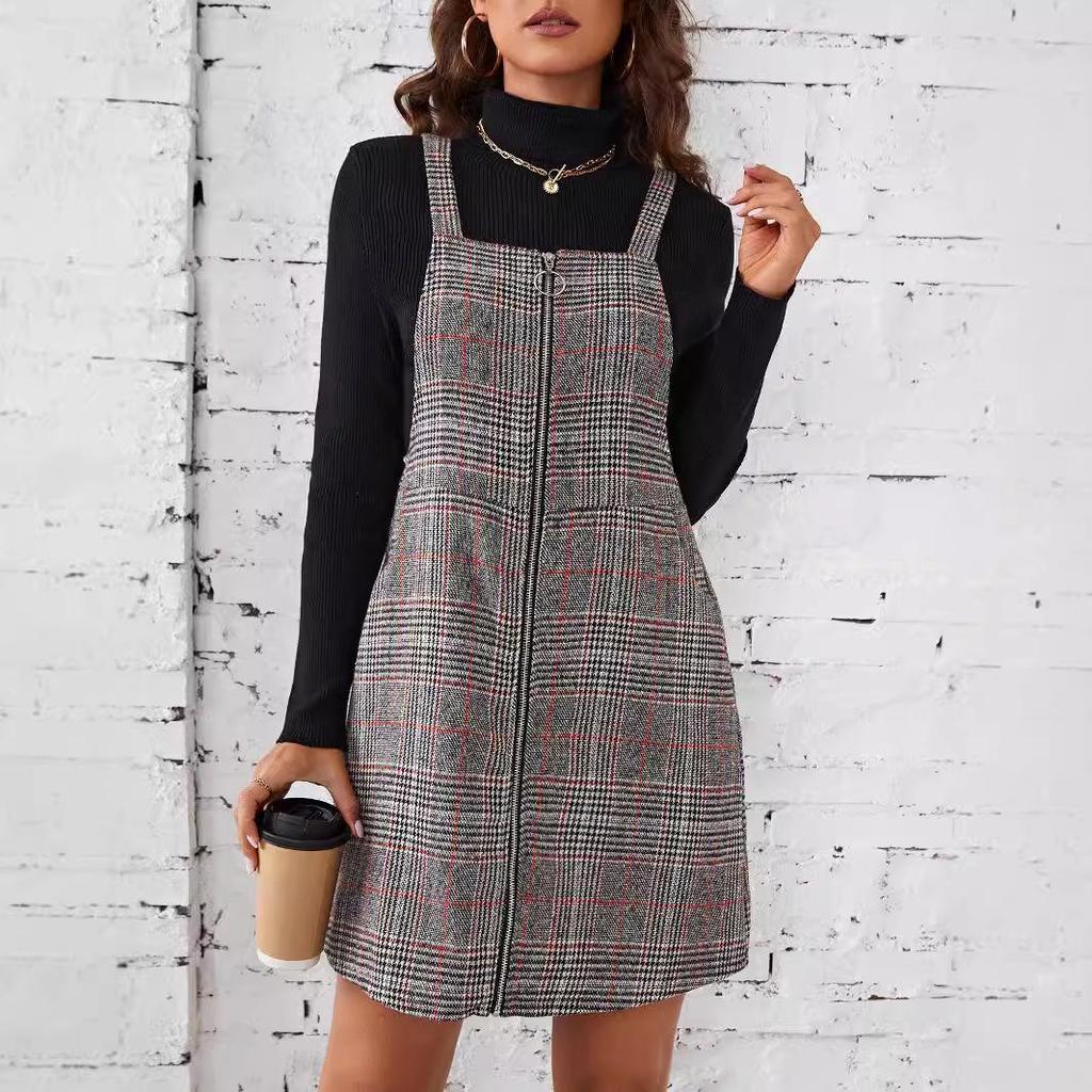 Europeisk og amerikansk rutete kjeledress for kvinner med glidelås og lommer - Vår/Høstmote