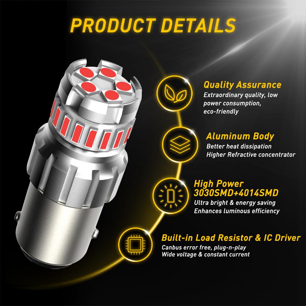AUXITO 2pcs 1156 BA15S P21W Red LED Bulbs 1157 BAY15D P21/5W 7507 2057 Brake Lights Car Reverse Lamp Stop Tail Lights 1200LM 12V