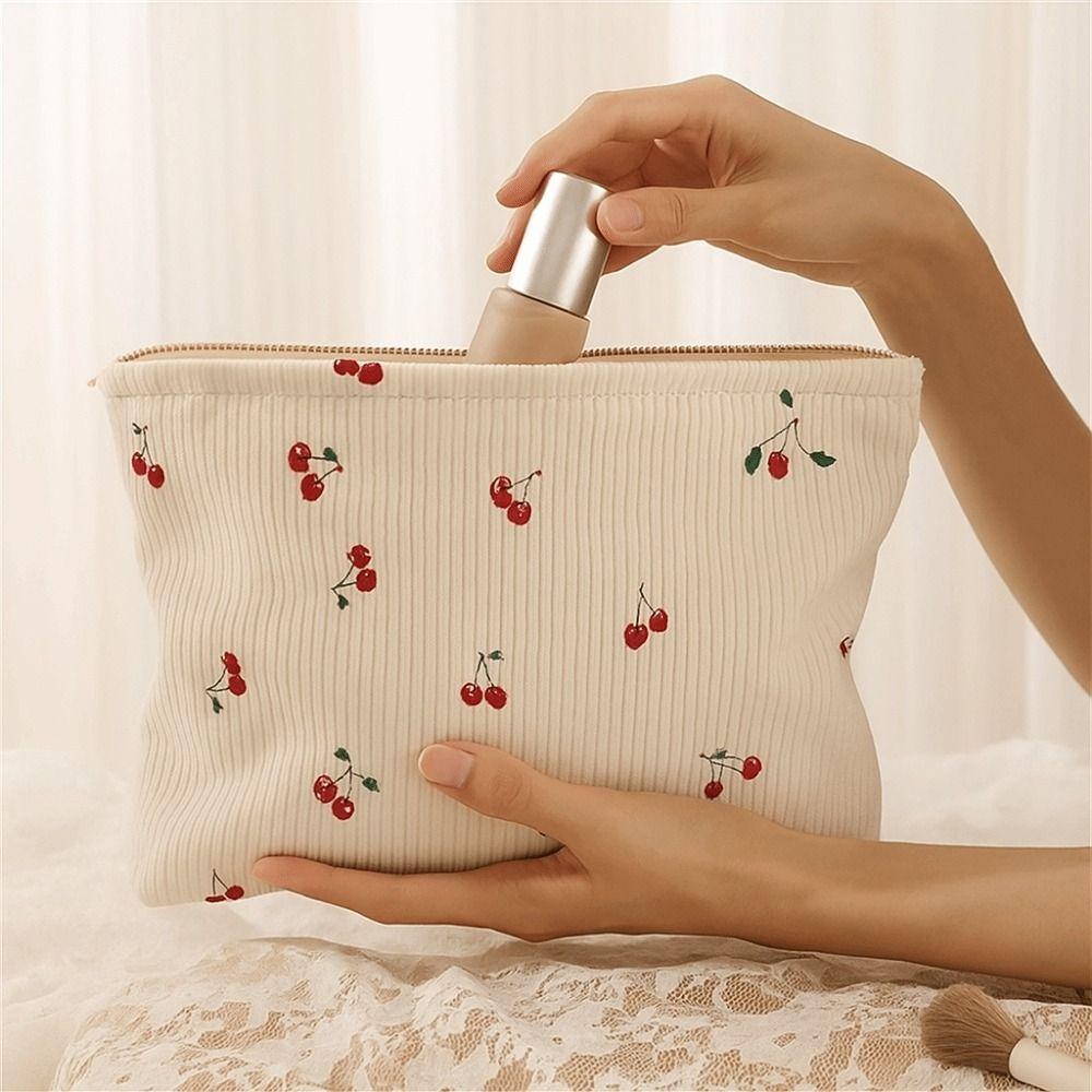 Durable Lightweigh Cherry Makeup Bag Corduroy with Lining Zipper Makeup Storage Box Portable Multifunctional Bag Daily Use
