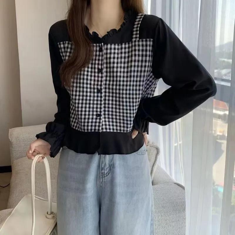 

Женская весенняя рубашка свободного кроя с длинным рукавом и V-образным вырезом, клетчатый топ XXS чёрный
