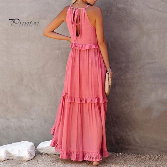 Dámské letní šaty s volánky, halterový výstřih, bez rukávů, volné, jednobarevné, plisované, s odhalenými rameny, patchworkové, dovolenkové, plážové, maxi šaty