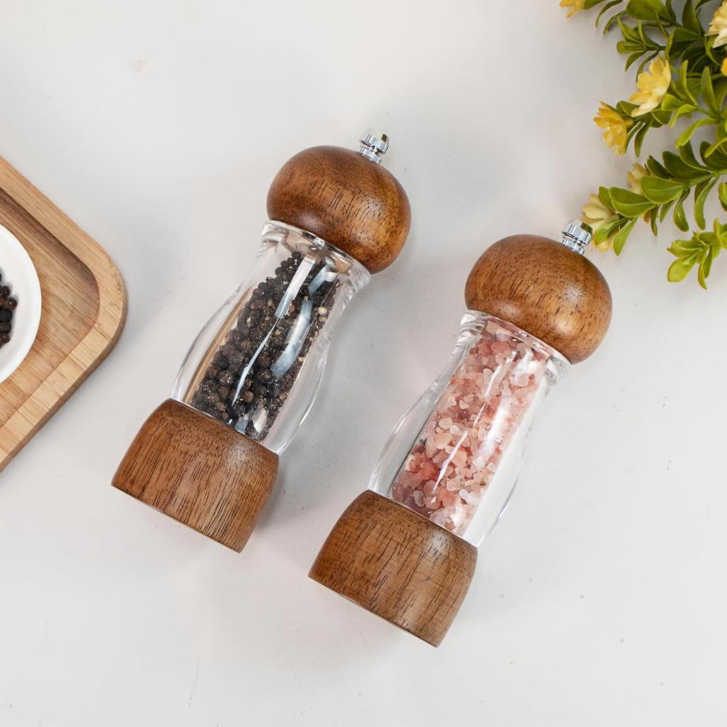 2 Pack Salt and Pepper Grinder Set, 6.7" Acrylic Salt and Pepper Mill Set with Adjustable Coarseness, Wooden Pepper Grinders Manual Slat Shakers