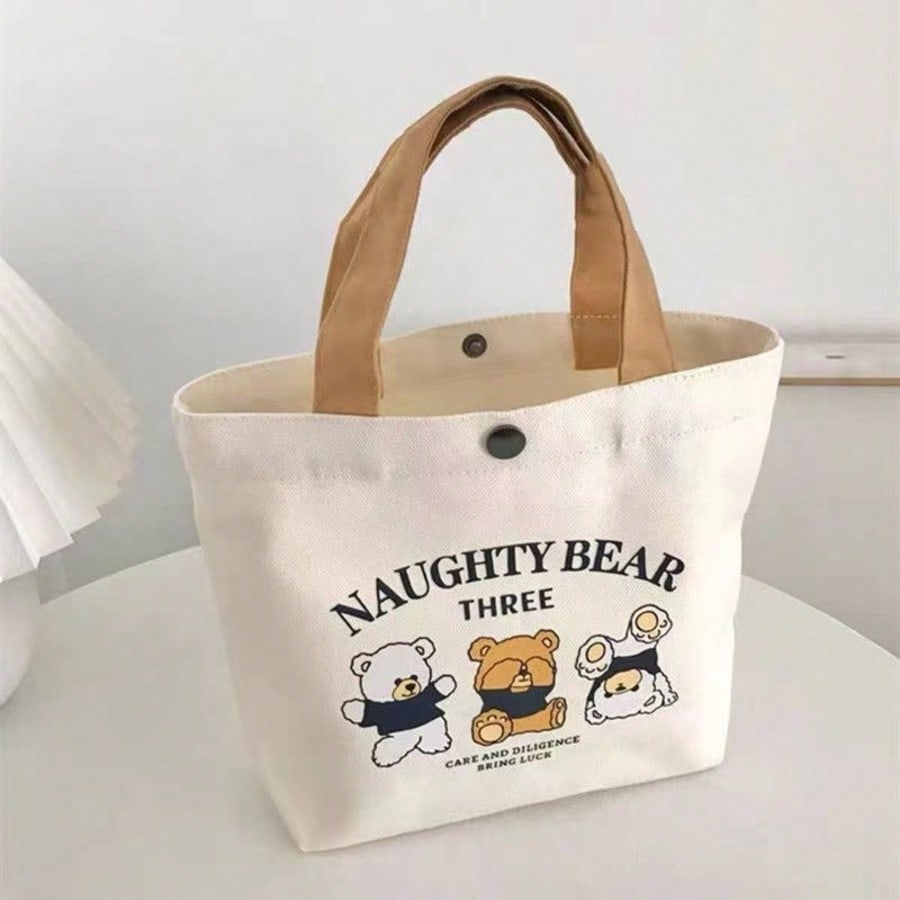 Bear Canvas Bag Discount Students Office Workers All-match Lunch Box Simple Bento Small Handbag Women's Fashion Environmental Protection
