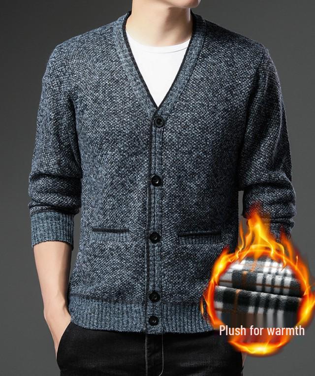 Men's Autumn/Winter Plus Velvet V-Neck Long Sleeve Cardigan Sweater