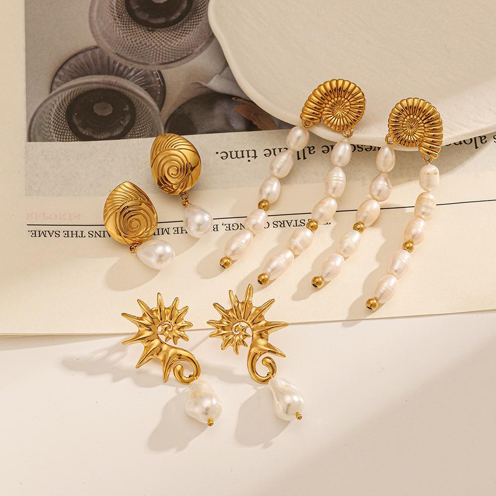 Yingtai European-American Ocean Style Titanium Steel Earrings with Imitation Pearls, Fine Polish, Vacuum-Plated 18k Gold