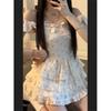 Pure Square Neck Floral A-word Dress Women's Summer Bow Versatile Waist Thin Princess Short Dress