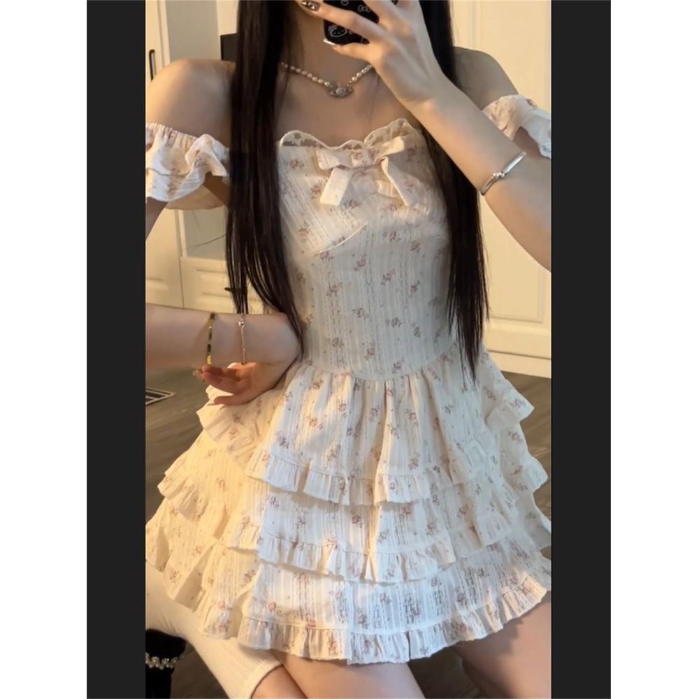 

Чистое платье А-силуэта с квадратным вырезом и цветочным принтом, женское летнее платье с бантом, универсальное, с завышенной талией, тонкое, короткое платье принцессы XL- (recommended 110-60kg)