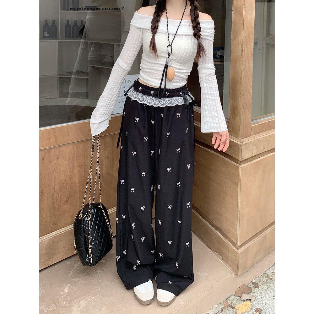 

Женские летние брюки с высокой талией, кружевной вставкой, бантом и широкими штанинами 2025 XXL чёрный