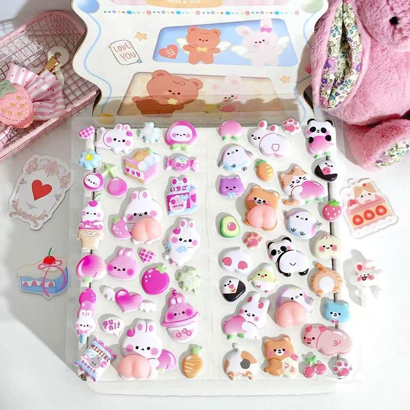 1sheet 3D Cute Sticker Kawaii Animals Rabbit Stickers Pink Squishy Fidget DIY Decal for Phone Case Scrapbook Reusable TMZ