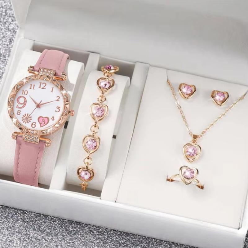 New Popular Women'S Diamond-Encrusted Dial Pu Leather Strap Quartz Watch Bracelet Set