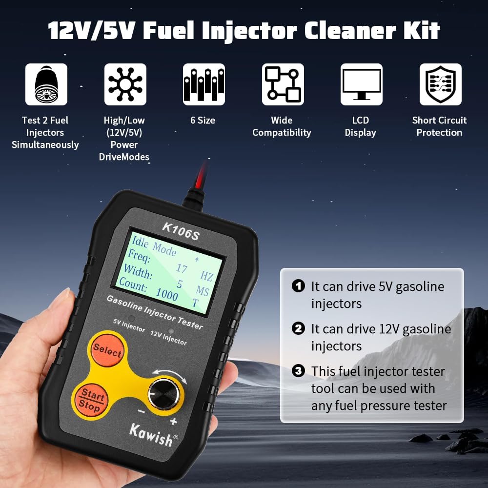 Universal Fuel Injector Tester and Cleaner Tool, DIY Cleaning Tool Kit for PWM, Adjustable Pulse Width Freq & Count, Two Injectors Test