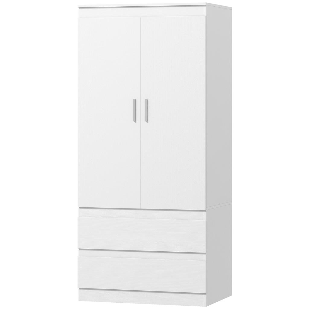 Bedroom Wardrobe with 2 Doors, 2 Drawers, 3 Compartments, Wood, White