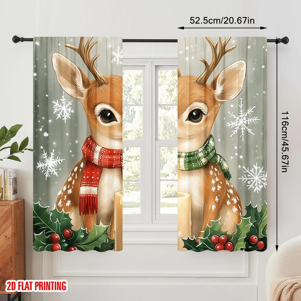 2pcs,2D plane printing Print Curtains Cute Deer Christmas Snowflakes Holiday (3) Versatile 100% Polyester (without rod)
