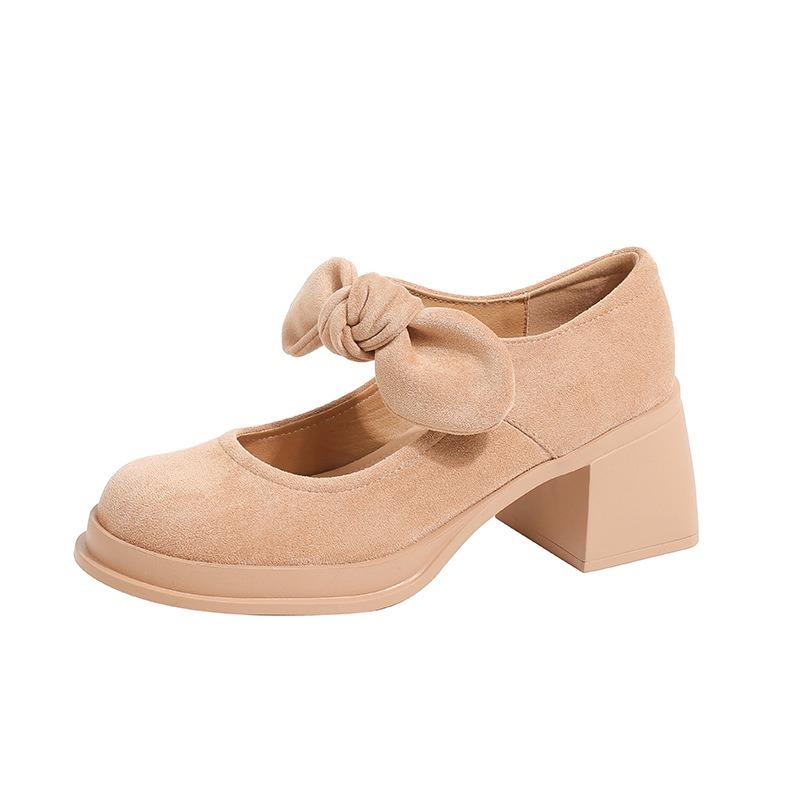 Suede college wind waterproof table Mary Jane shoes round head soft sole high heel bow suede thick heel light mouth single shoes women