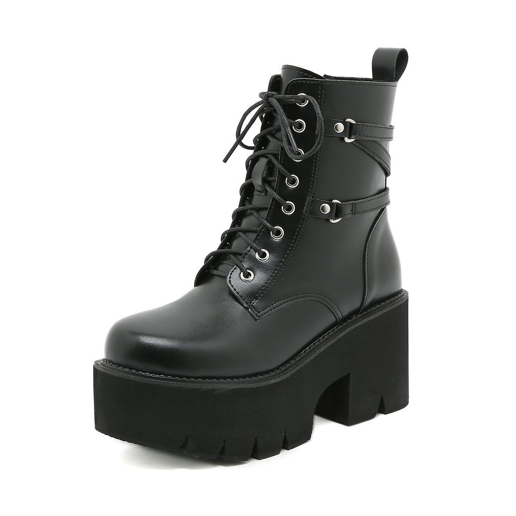 Fashion 2025 Mid Calf Boots Platform Goth Shoes Chunk Heels Black Leather Plus Size Side Zipper Rave Combat Boots for Women Lace Up