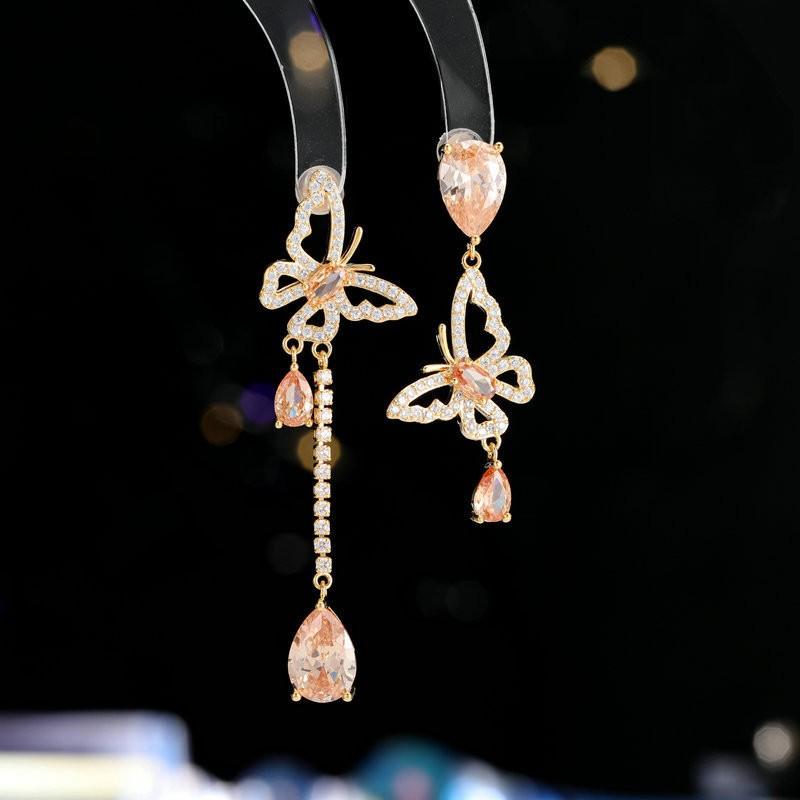 Asymmetrical Butterfly Drop Earrings With Cubic Zirconia Women Sterling Post Lightweight Luxury Jewelry