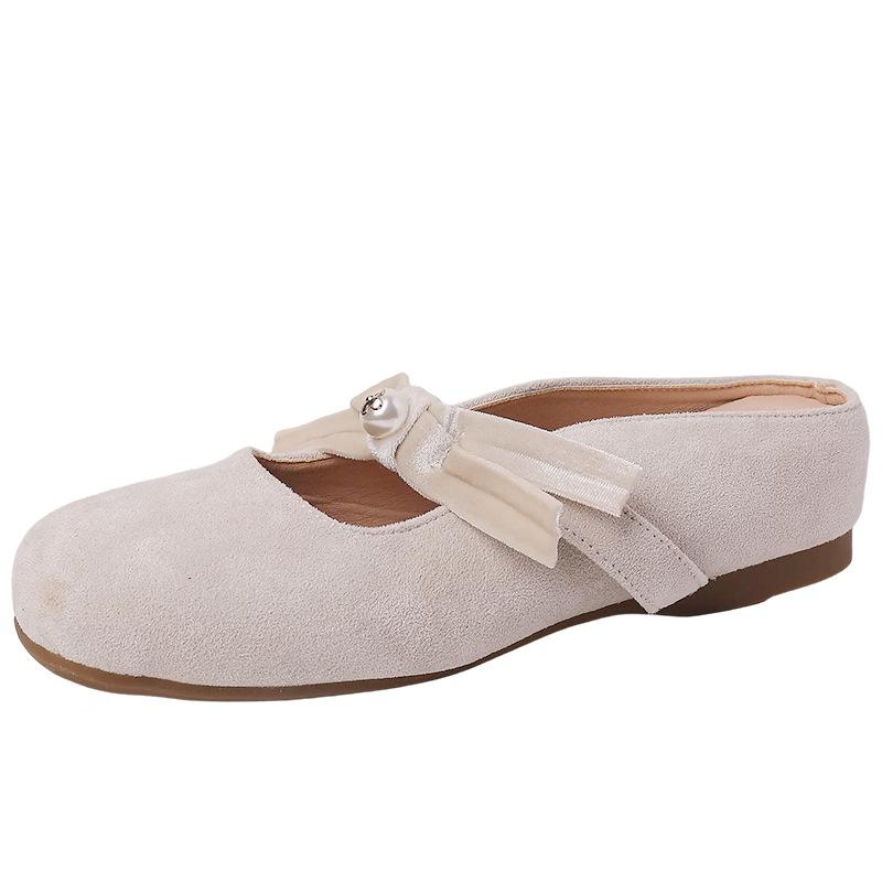 Inner heightening bag head half slippers women's summer outer wear 2025 new retro suede bow pearl Muller cool slippers