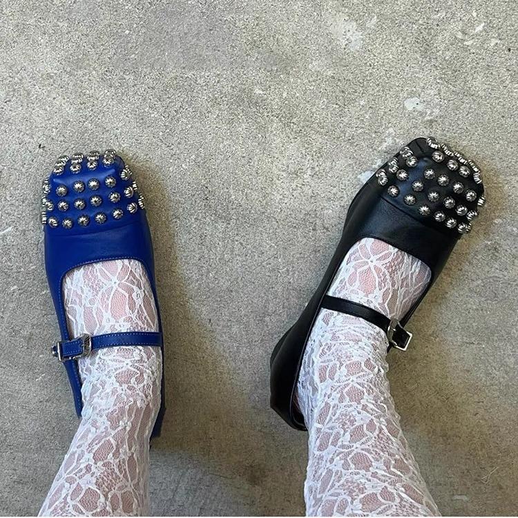 

Niche models! Square head rivet ballet shoes women s new fashion personality Mary Jane single shoes 40 чёрный