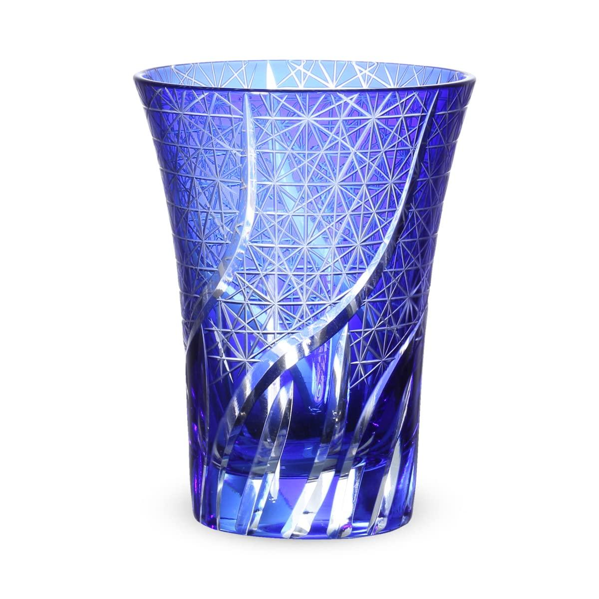 

Nostalgia Kiriko Glass Ranbori Komon Bisho Current Model J-kitchens Cup, 8.4×11cm, 230cc, (Small Pattern), Blue, (Artisan) Design,