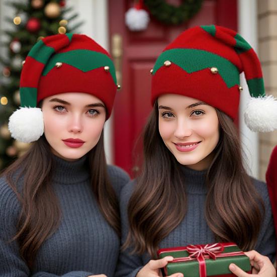 Christmas Hat with Bells Plush Ball Decor Red Green Patchwork Color Breathable Santa Claus Hat Daily Party Wear
