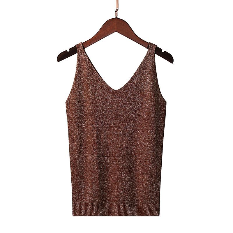 Women Summer Sexy Slim V-Neck Bright Silk Knitted Sleeveless Vest Top T-Shirt Basic Trend