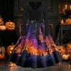 Damen Freizeitkleid mit langen Ärmeln und V-Ausschnitt, Vintage-Stil, mit Halloween-Kürbisdruck, Retro-Stil, Vollrockkleid mit Taillengürtel für saisonale Kleidung