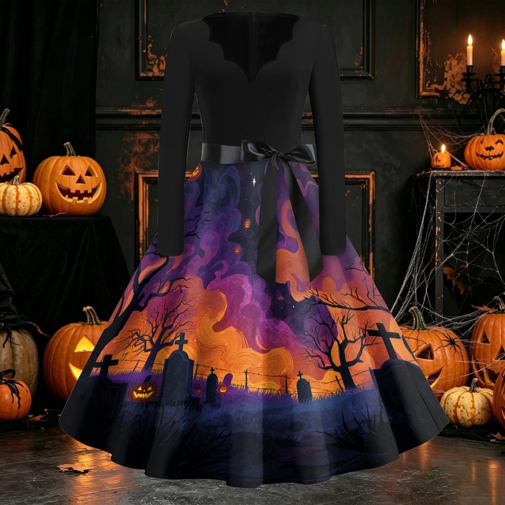 Damen Freizeitkleid mit langen Ärmeln und V-Ausschnitt, Vintage-Stil, mit Halloween-Kürbisdruck, Retro-Stil, Vollrockkleid mit Taillengürtel für saisonale Kleidung