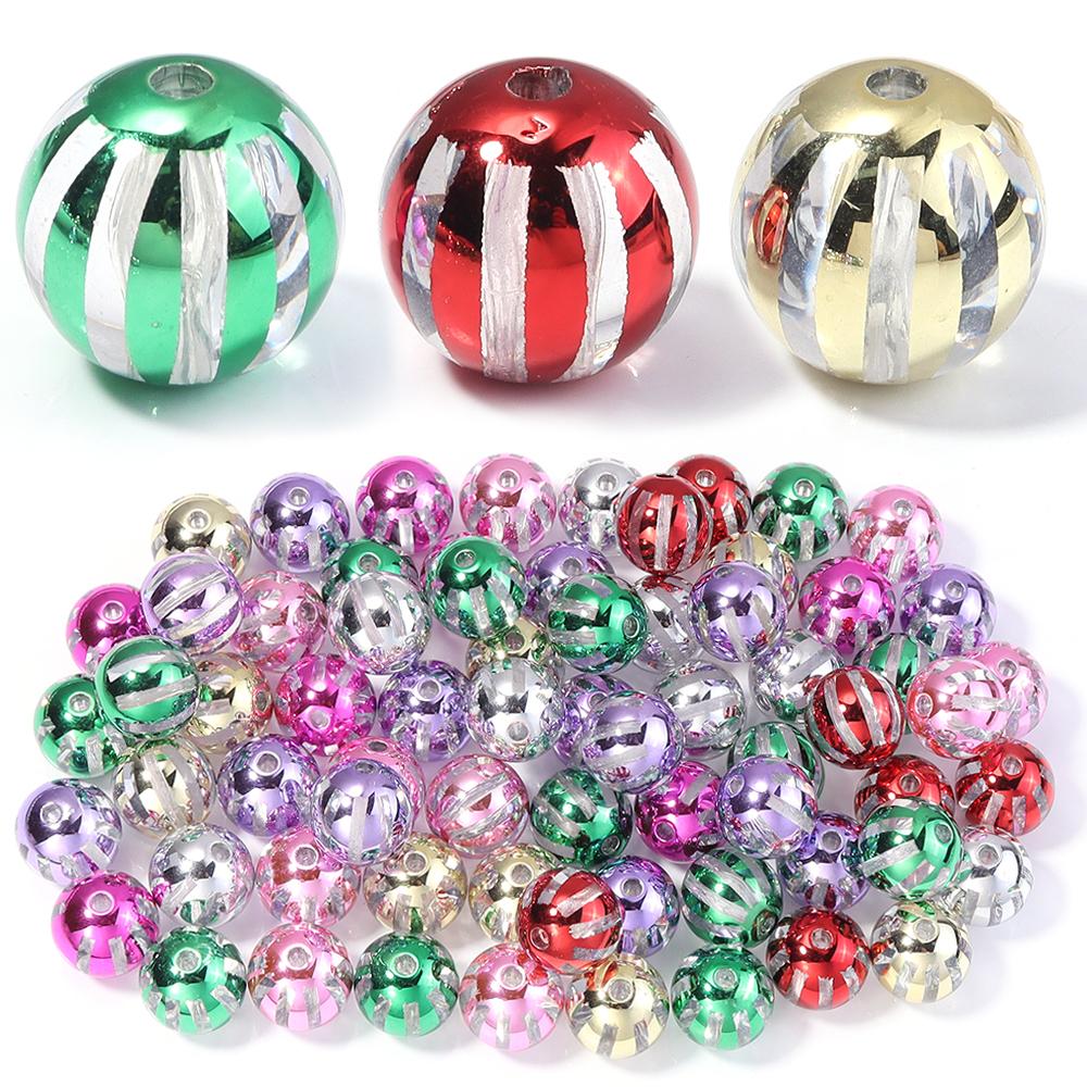 10pcs 16mm Christmas Acrylic Beads Red Green Watermelon Stripes Round Loose Beads For Jewelry Making DIY Bracelets Necklace