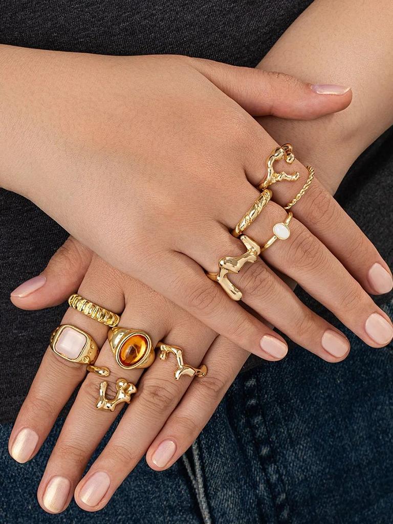 Vintage-style Irregular Metal Ring Set, Light Luxury Gold-colored Faux Gemstone Rings