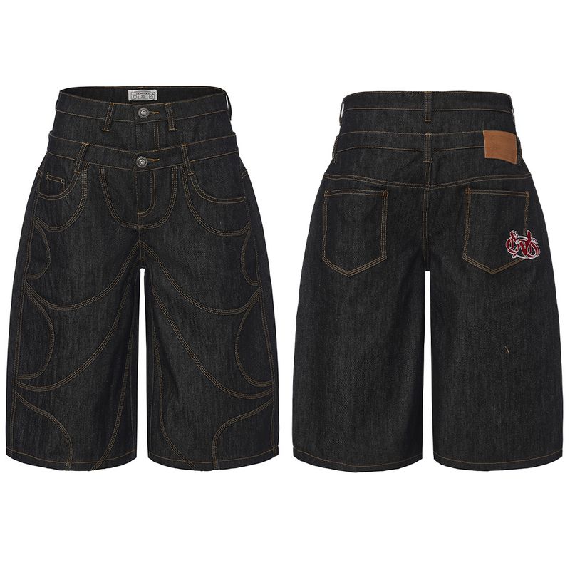 

Dnd4Des American Street Style Bat Embroidery Denim Raw Denim Double Waistband Denim Shorts Capri Pants Denim Color L