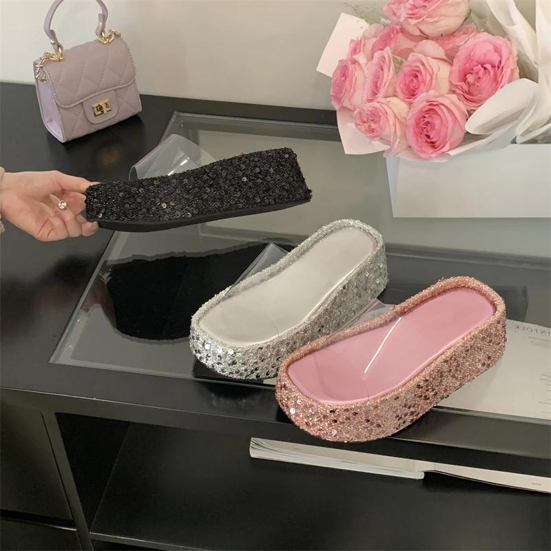 Summer Fashion Bling Sequin Cloth Square Toe Platform Wedge Heels Slippers Woman Banquet Sandals Slide Shoes