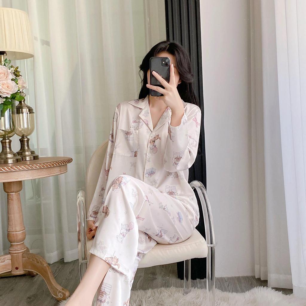 2026 Spring Cartoon Print Chiffon Pajama Set for Women, Cardigan Long Sleeve & Long Pants Home Wear Set