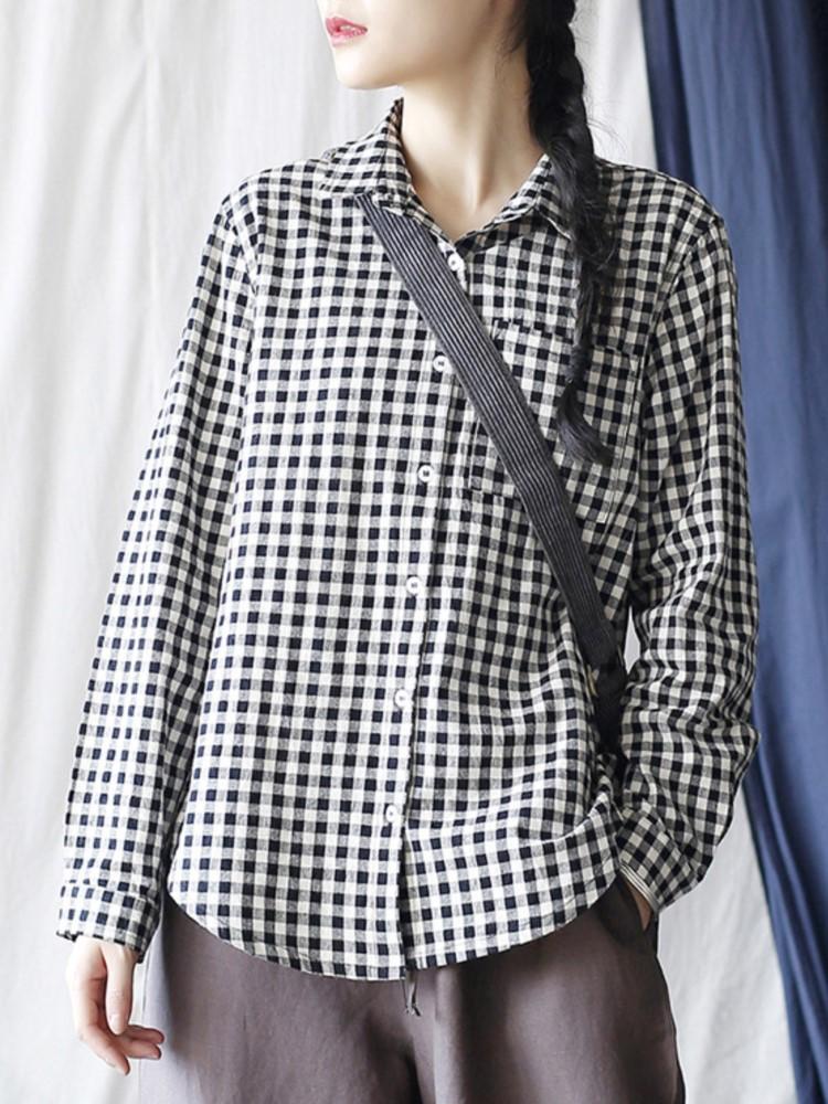 

Johnature женские клетчатые рубашки хлопковые топы с длинным рукавом осенние блузки на пуговицах свободные женские рубашки One Size чёрный