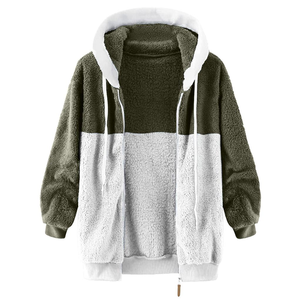 Women's Loose Large Size Plush Multicolor Paneled Hooded Zip Jacket