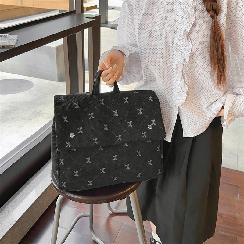 Vintage Corduroy Backpack Women's Bow Print Large Capacity Backpack