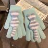 Cute Striped Cat Finger Knitted Wool Gloves Female Winter Thickened Warm Cold Student Riding
