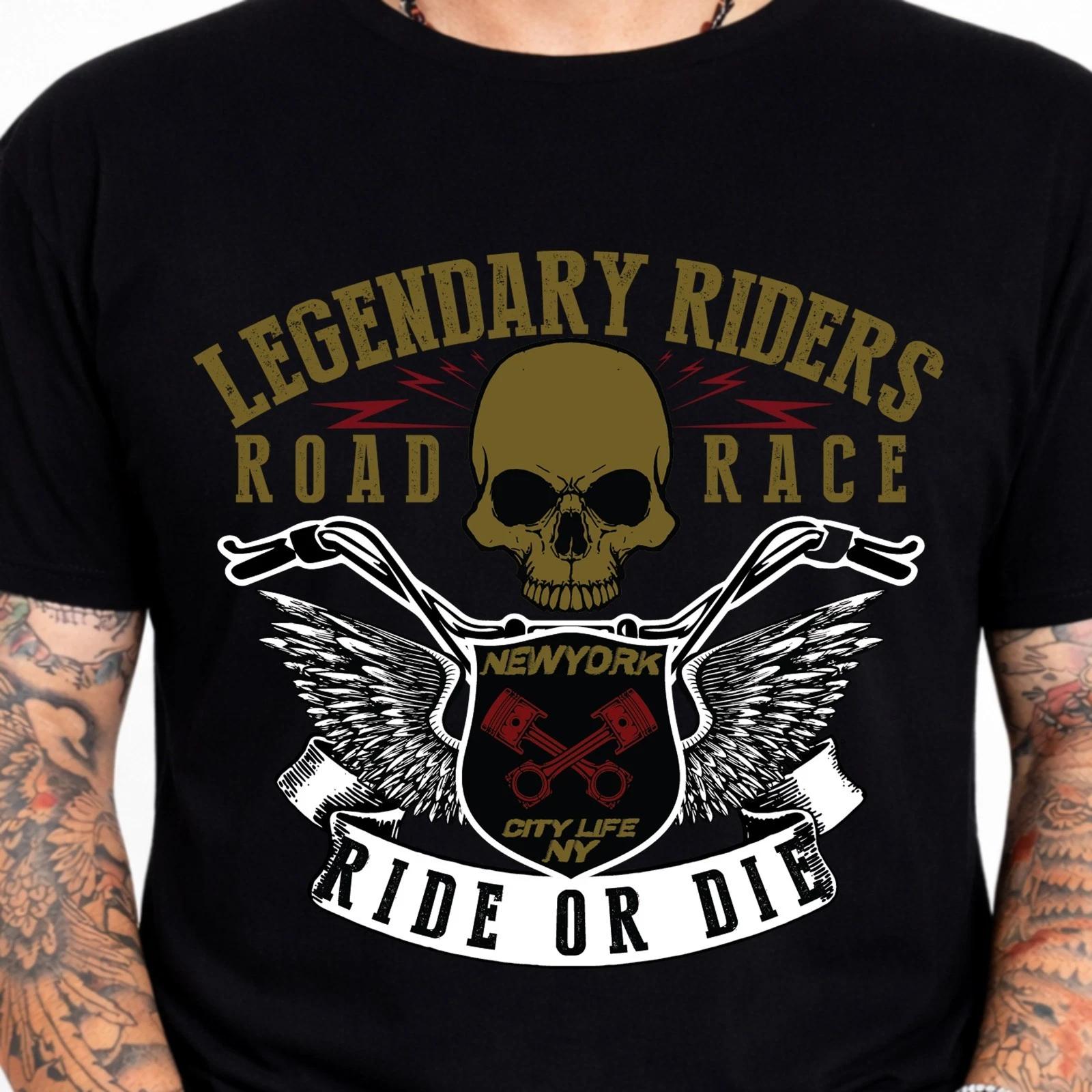 Biker Skull T-Shirt Ride or Die Legendary Riders Motorcycle Wings Rock Tee . XL