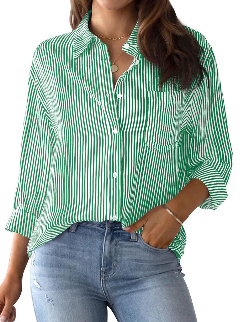 Women's Striped Long Sleeve Collared Button-Down Shirt with Pocket