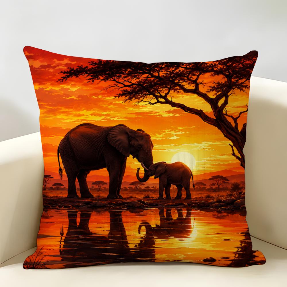 African Elephant Cushion Cover Durable Hypoallergenic Organic Linen Pillow Cover Short Size Washable SkinFriendly