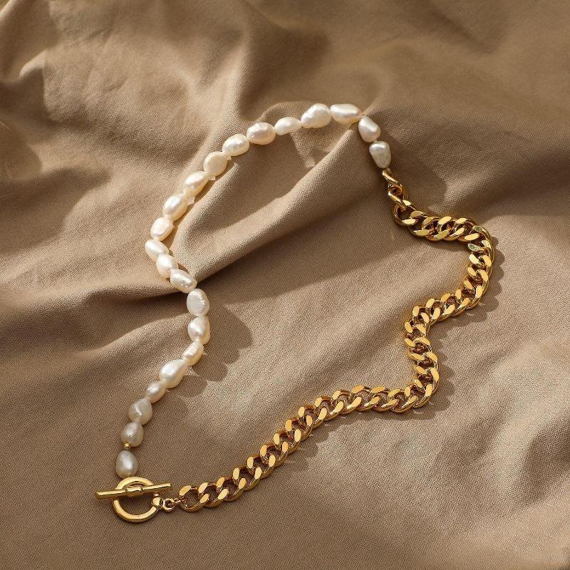 Freshwater Pearl Buttoned Titanium Steel Metal Chain Necklace - Metallic Style Pearl Necklace