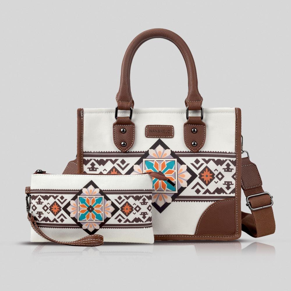 New Ethnic Style Bohemian Women's Bag Sets Retro Canvas Horizontal Square Female Tote Bag Fashion Printing Portable Ladies Messenger Bag with Wallet
