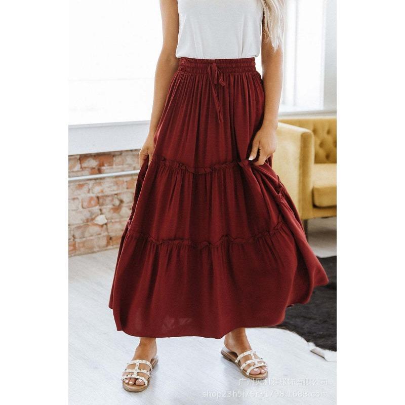 Spring and Summer Rubber Band High Waist Human Cotton Solid Color Su Pleated Splicing Simple Versatile Women's Skirt