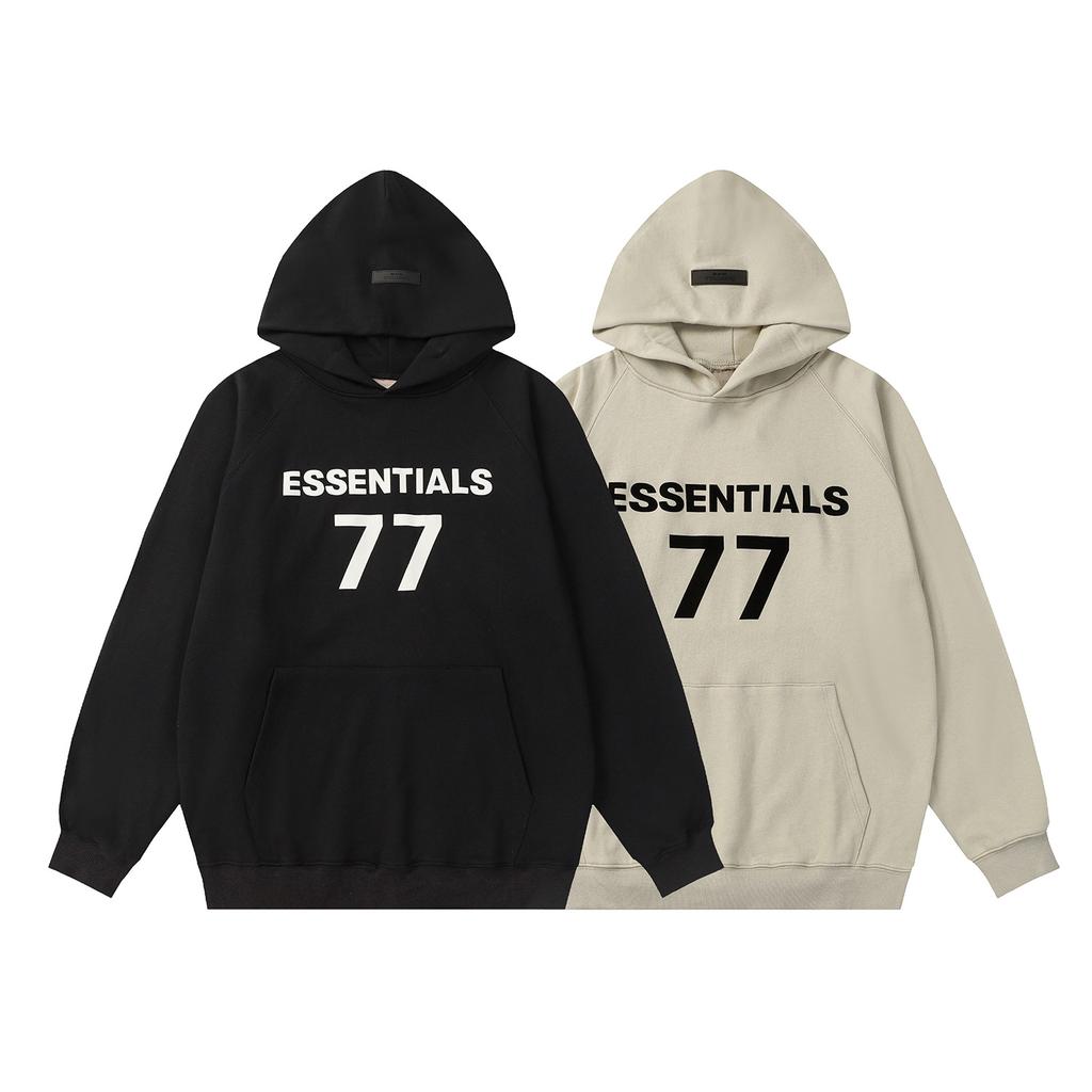 Cross-border Trendy Brand ESSENTIALS Number 77 Flocked Print Hooded Fleece-lined Hoodie Casual Plus-size Hoodie