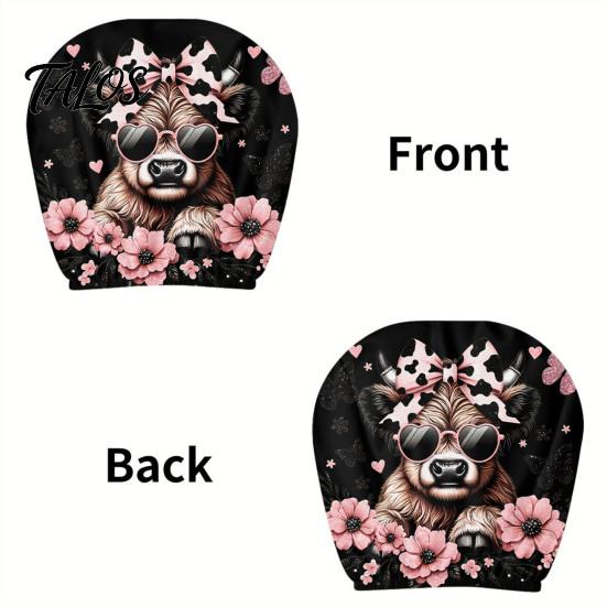 Decorative Auto Headrest Sleeves 2Pcs Cute Calf Car Covers with Pink Flowers, Breathable Animal Pattern Accessories Seat Protectors, Stretchy