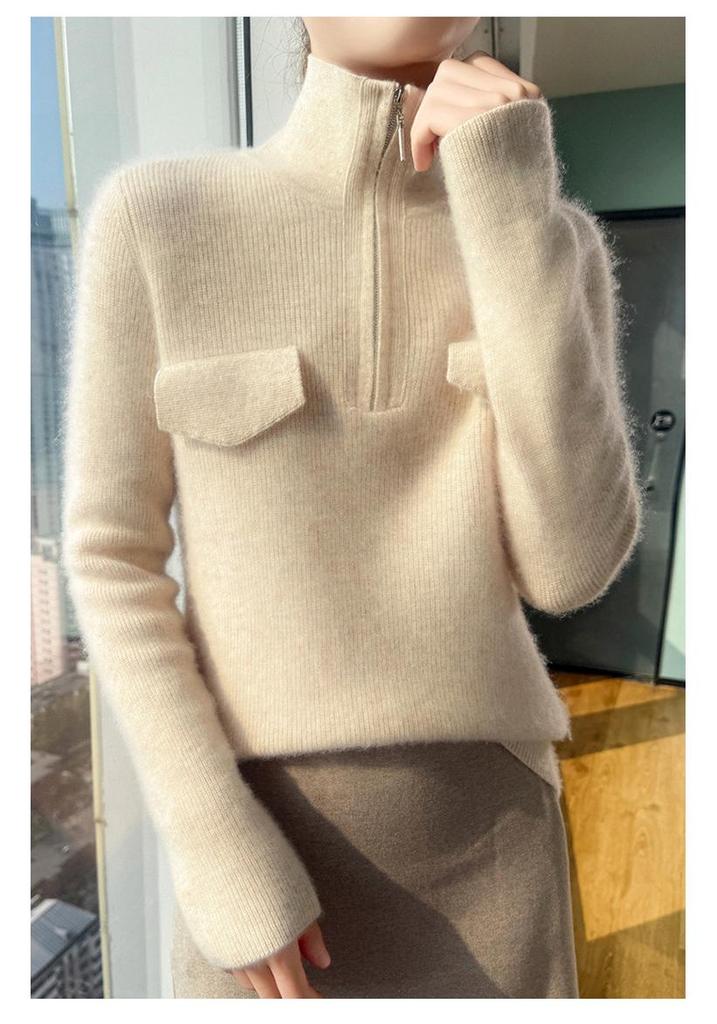 Women's Pure Wool Rib Knit Half Zip Sweater - Autumn/Winter Collection