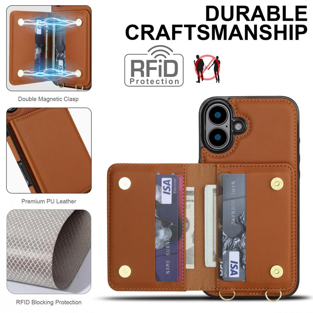 For iPhone 7 - 16 Series! 7 - Color PU Leather Multifunctional Phone Case with Card Slots, Wrist Strap, Lanyard & Kickstand